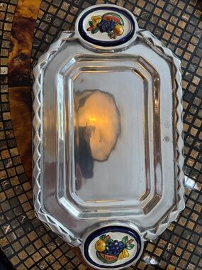 Decorative pewter Serving Tray with Fruit Medallions